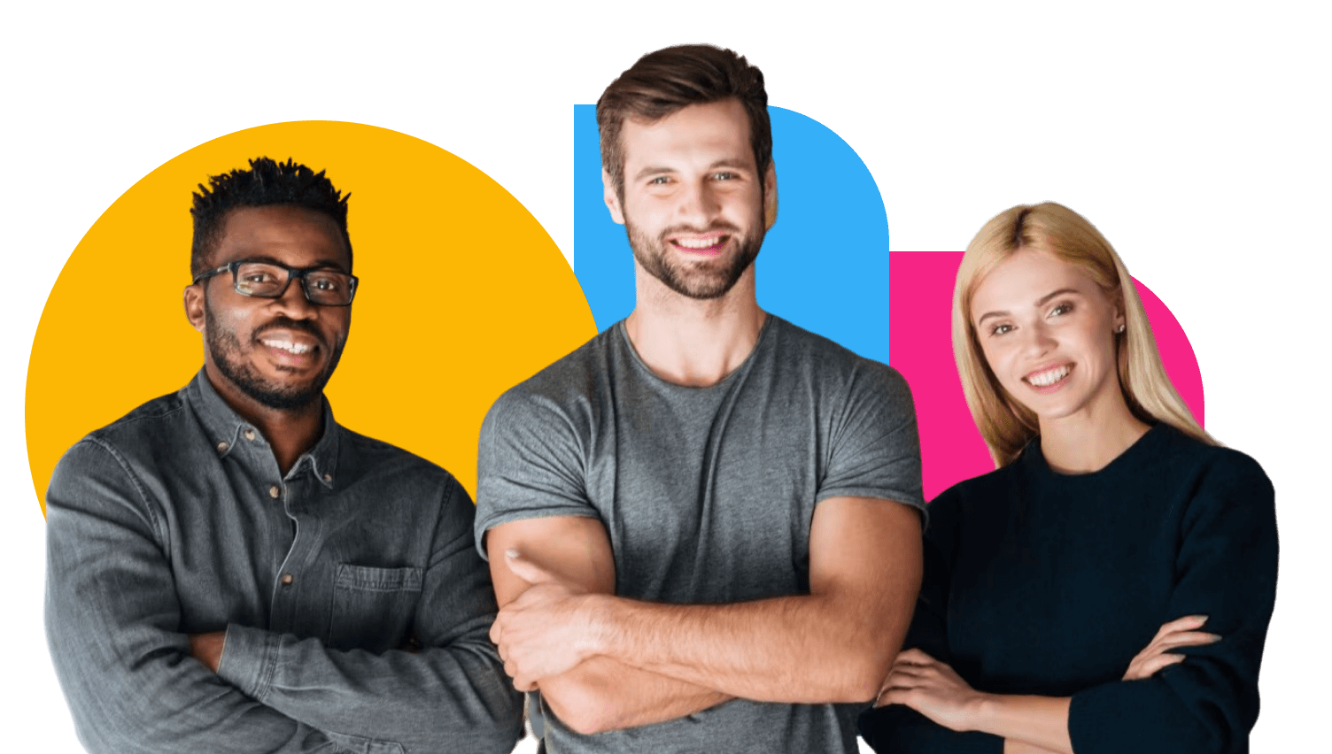 A diverse group of young people are standing with their arms crossed looking at the camera